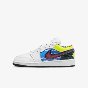 Boys' Nike Air Jordan 1 Low Lifestyle Shoes White / Black / Lemon / Pink | IOYWVFC-79