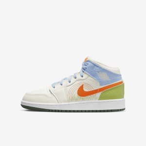 Girls' Nike Air Jordan 1 Mid SE Lifestyle Shoes Blue / Green / Orange | JXTOSYM-25