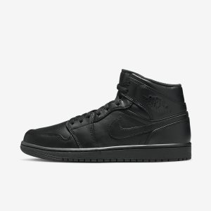 Men's Nike Air Jordan 1 Mid Lifestyle Shoes Black / Black / Black | UQRMCNX-79
