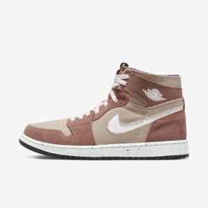 Men's Nike Air Jordan 1 Zoom CMFT Lifestyle Shoes Khaki Grey / Khaki Rose / Purple / White | JPZNBIG-94