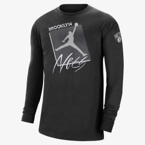 Men's Nike Air Jordan Brooklyn Nets Courtside Statement Edition Long Sleeve Black | GECDVFY-54
