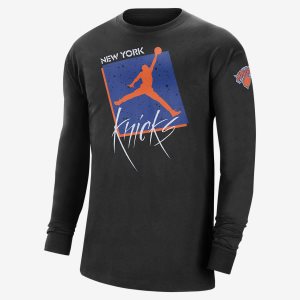 Men's Nike Air Jordan New York Knicks Courtside Statement Edition Long Sleeve Black | RWNTLUA-42