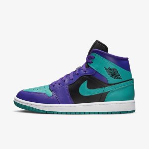 Women's Nike Air Jordan 1 Mid Lifestyle Shoes Black / White / Turquoise | FISPZCR-04